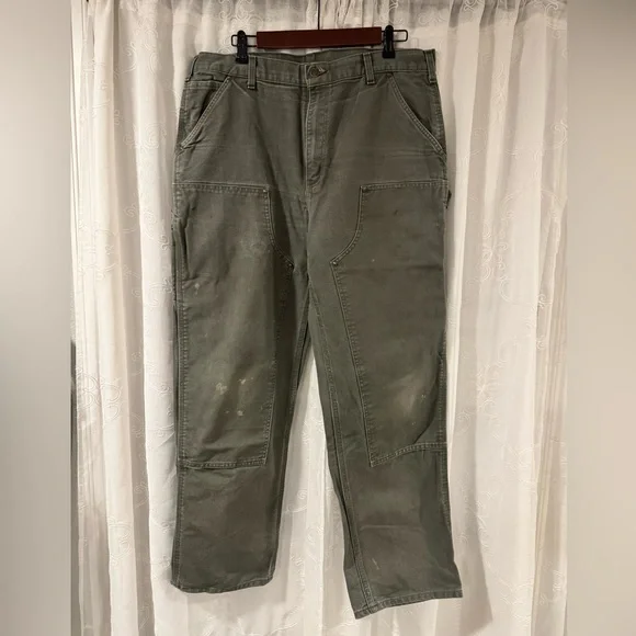 Carhartt Men’s 36X32 Loose Fit Gray Double Knee Canvas Work Pants Distressed